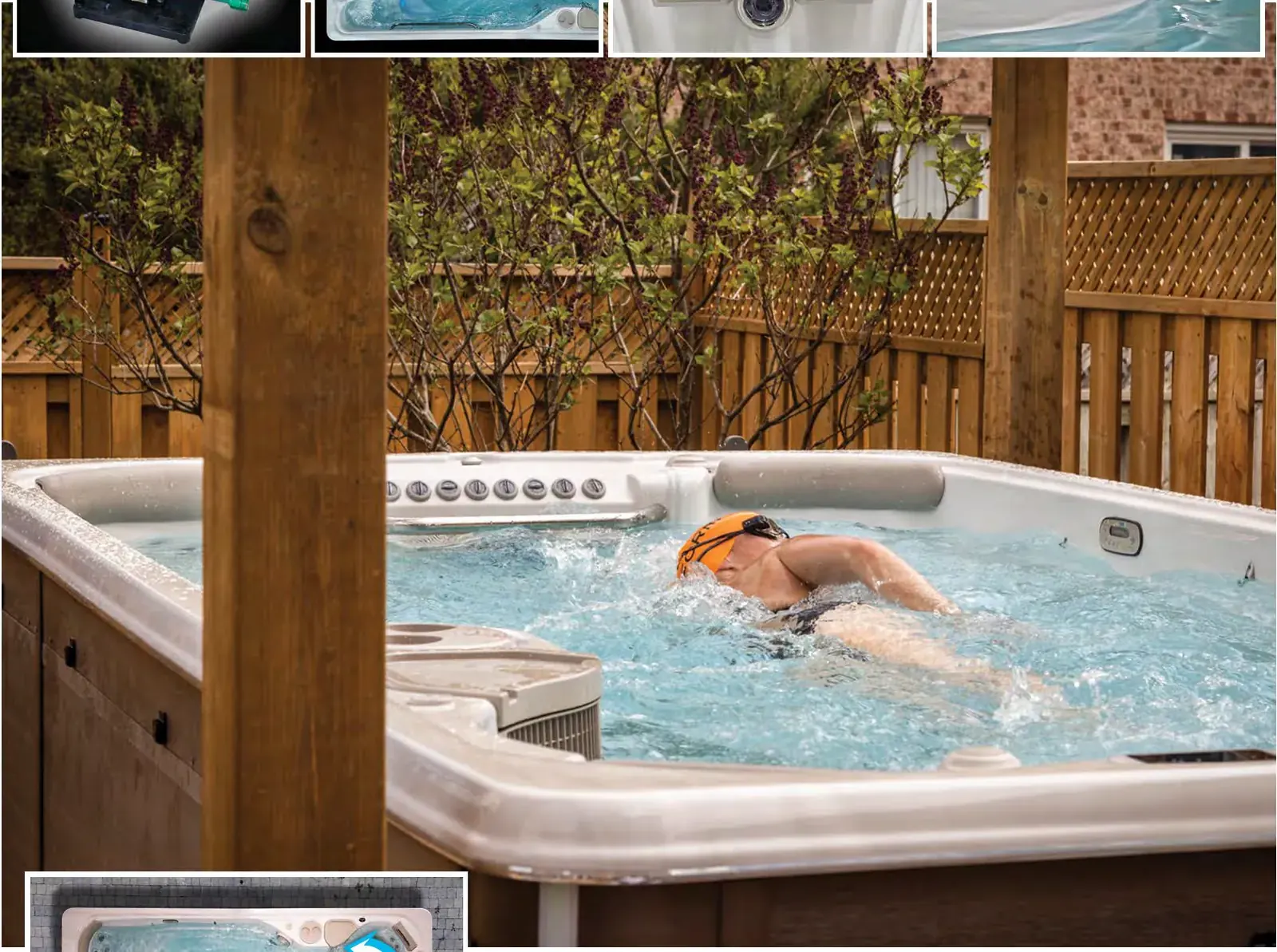 Kvinna som simmar i en Hydropool swimspa under en pergola i trä