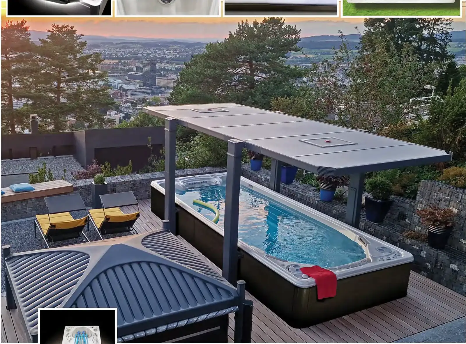 Hydropool swimspa under en pergola på en takterrass med utsikt över staden