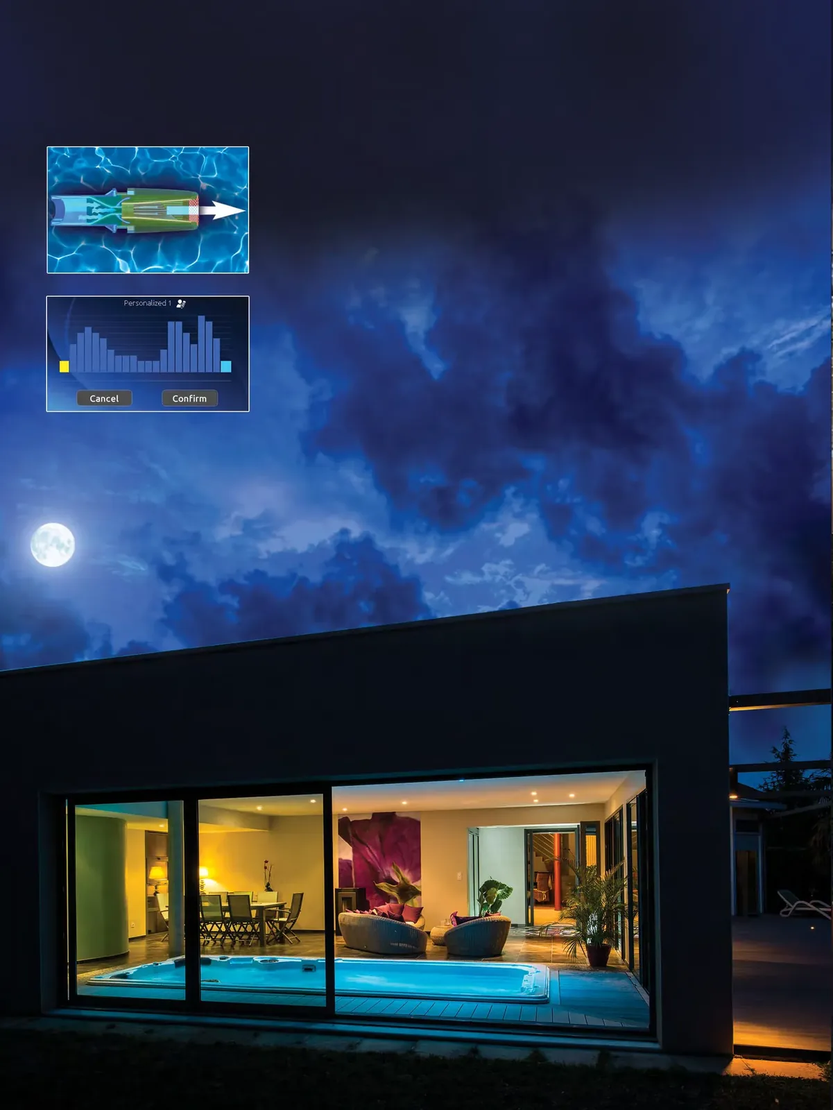 Modern villa en kväll med upplyst Hydropool swimspa utanför de stora glaspartierna