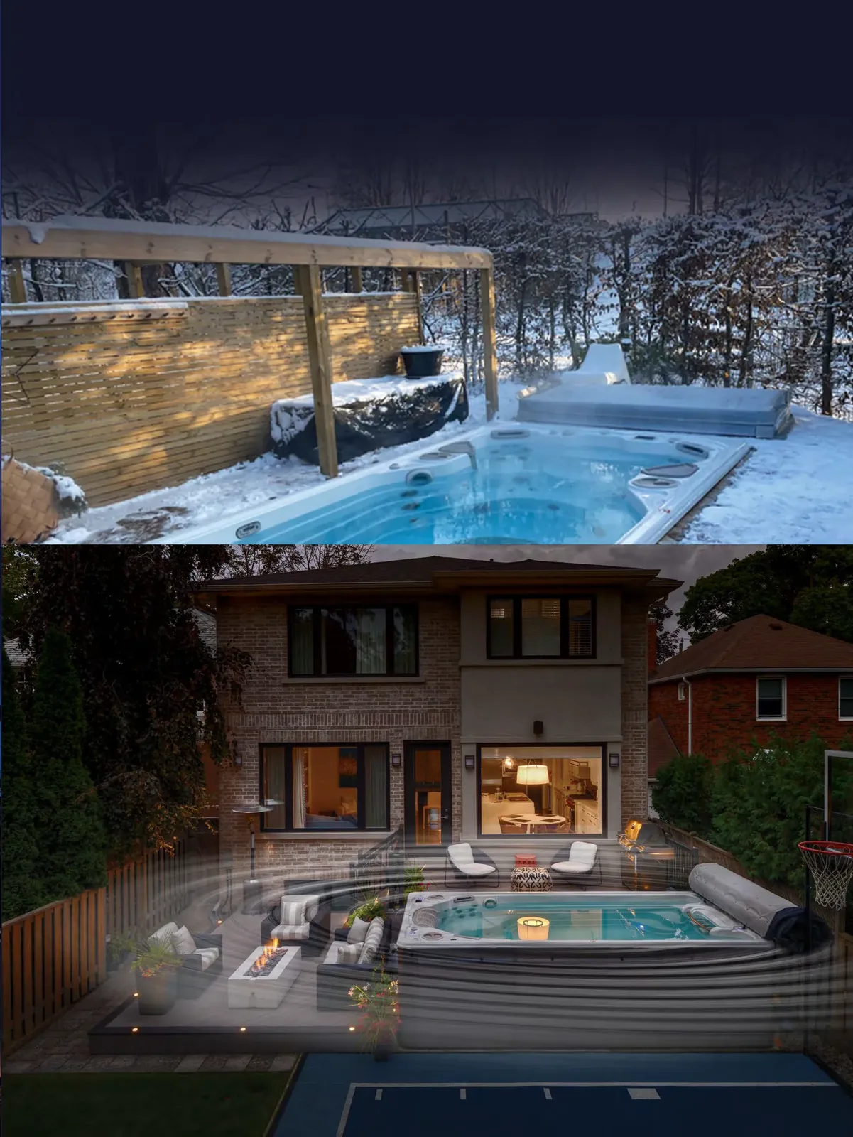 Hydropool swimspa i snöig trädgård en vinterkväll, och en upplyst swimspa vid ett tegelhus
